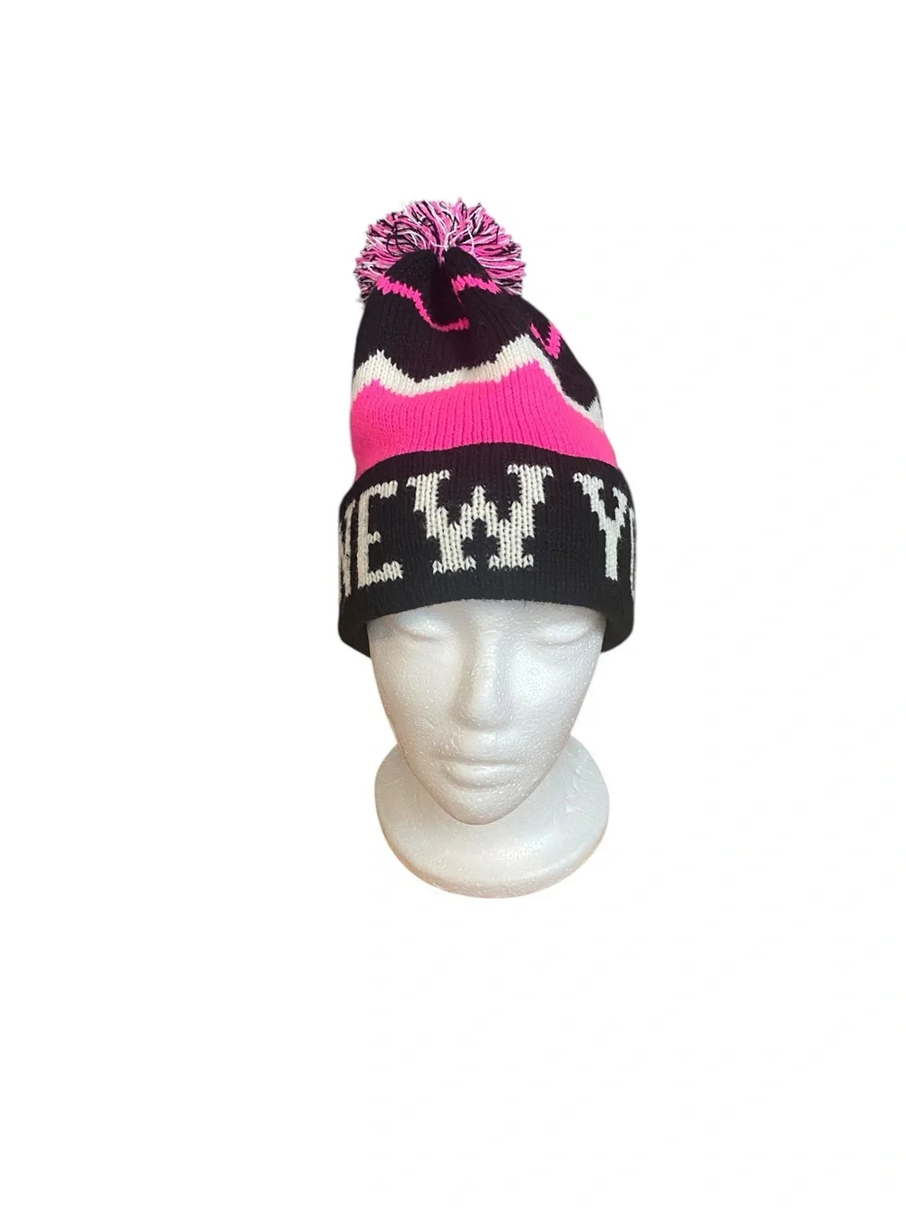City Hunter NEW YORK spell out  Pom-Pom Beanie Hat - Black, Hot Pink & White